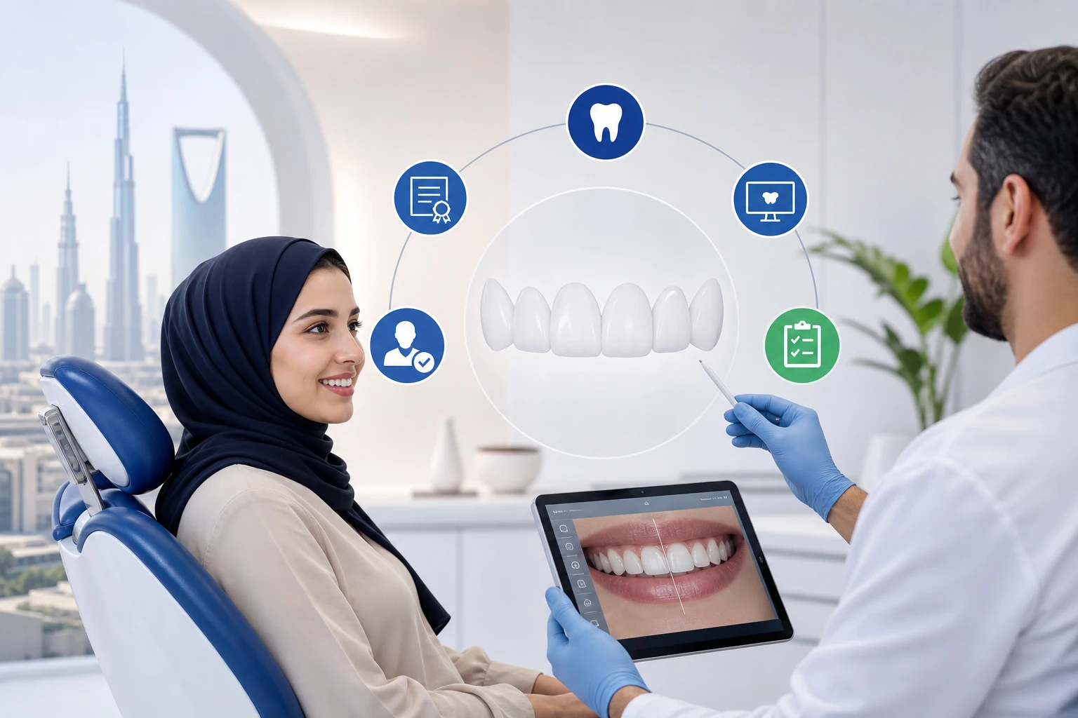 طبيب أسنان يراجع نماذج تصميم الابتسامة الرقمي مع مريضة قبل تحضير العدسات التجميلية (الفينير) في الرياض
