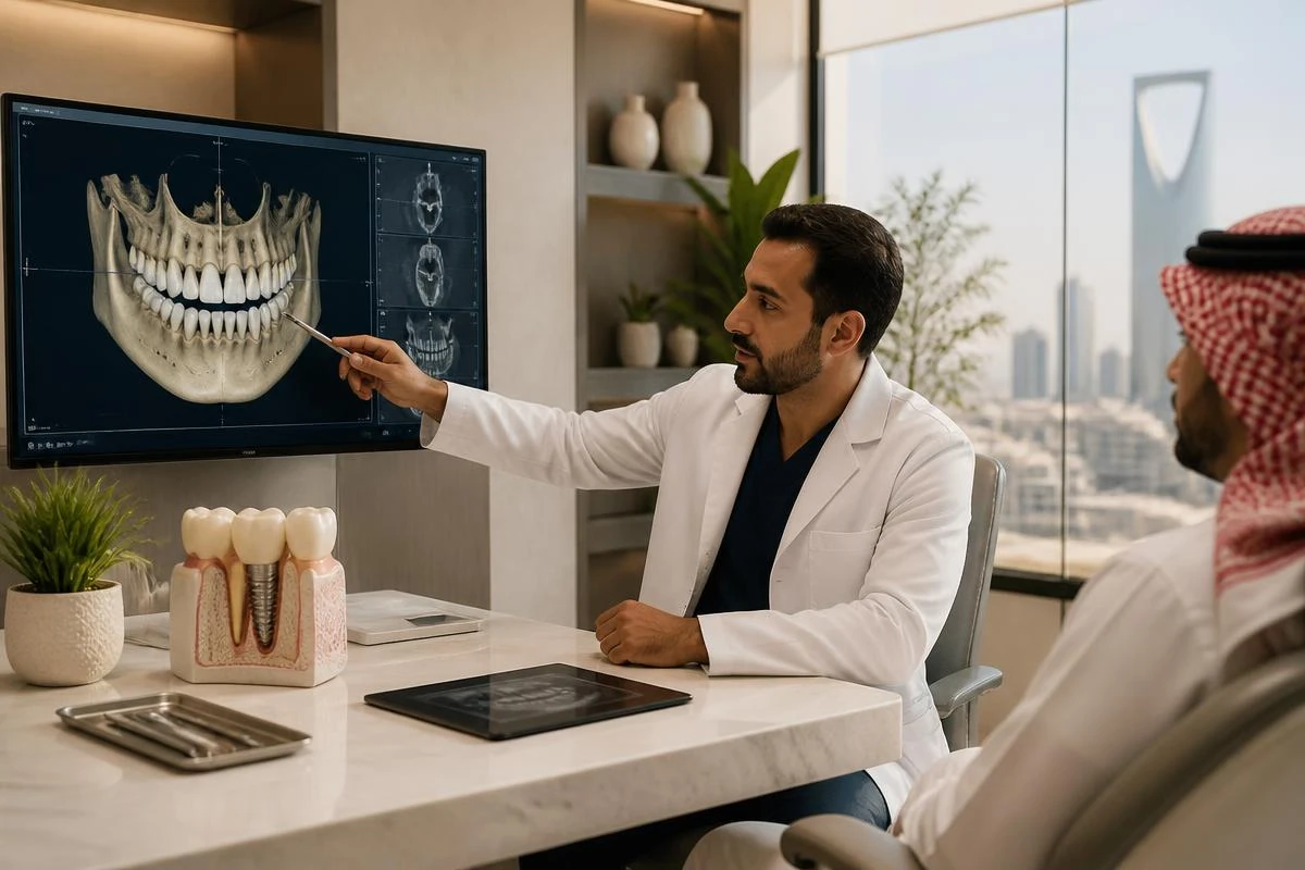 طبيب أسنان يراجع مسحاً ثلاثي الأبعاد للفك مع مريض أثناء استشارة زراعة الأسنان الفورية في الرياض