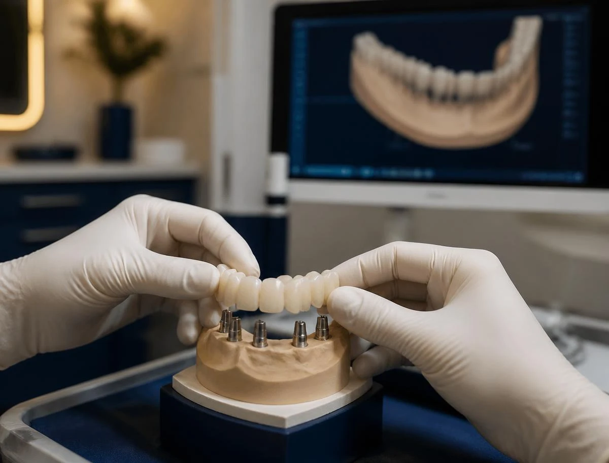 طبيب أسنان يركّب جسراً ثابتاً مؤقتاً على دعامات الزرعات في يوم الجراحة